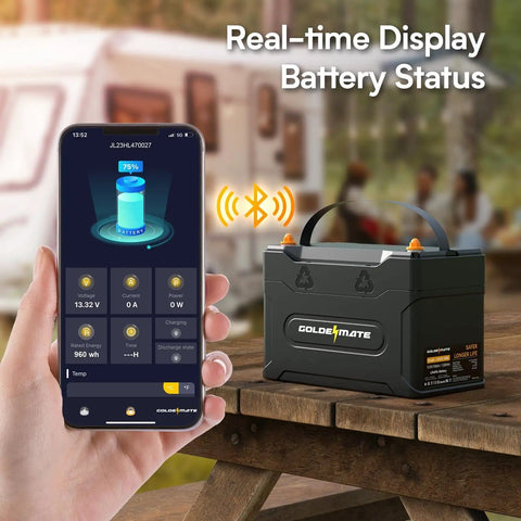 Image showing a person using Bluetooth app to monitor a 12V 100Ah LiFePO4 Battery With Bluetooth BMS IP67 Waterproof For RV Solar Marine.