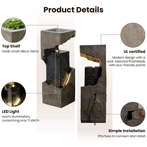 35.4 Inch Tall Indoor Outdoor Dope Waterfall Fountain With LED Lights, rock-textured finish, LED light, UL certified, easy install