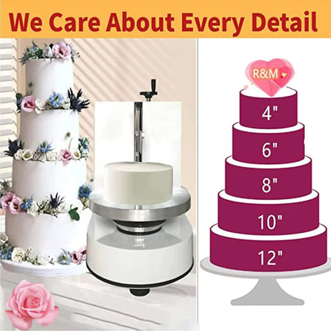 Automatic Cake Decorating Machine Buttercream Spreader with a 4 to 12 inch range and stainless steel build next to decorative cakes.
