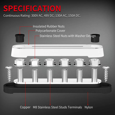 12V Battery Bus Bar Power Distribution Block With 6 M8 Terminal Studs, Positive And Negative Terminal Blocks, Includes Cover, The Go To Choice For Automotive, Boat, And Off Grid Solar Systems, 12V To 48V illustration showing copper and nylon parts.