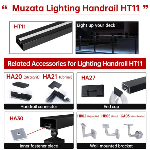 Muzata Lighting Handrail HT11 with related accessories including handrail connectors, end caps, inner fastener pieces, and wall-mounted brackets.