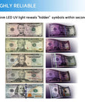 Comparison of banknotes under normal light and with Counterfeit Bill Detector With LED UV Light 365nm Ultra Bright Go To Money Verification Tool For Bills Long Life LED No Tube Replacement Fake Money Detector Machine Blue.