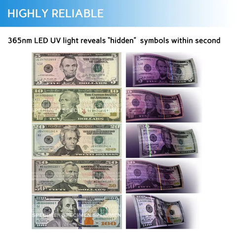 Comparison of banknotes under normal light and with Counterfeit Bill Detector With LED UV Light 365nm Ultra Bright Go To Money Verification Tool For Bills Long Life LED No Tube Replacement Fake Money Detector Machine Blue.