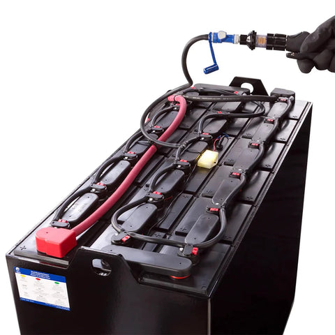 Side view of Direct Fill Link battery watering system connected to a BISS battery bank