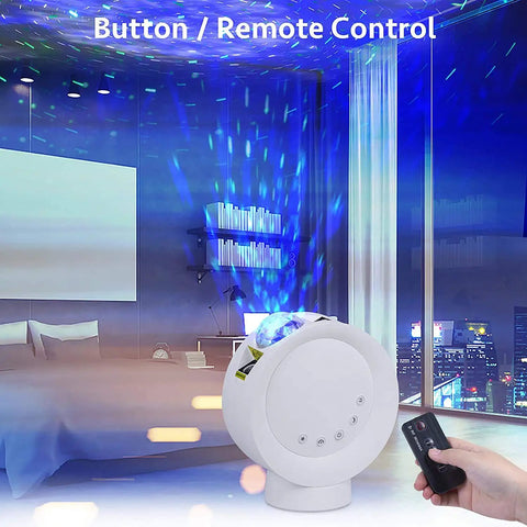 Galaxy Projector Night Light With Remote, Nine Lighting Modes, 4000mAh Battery, projecting star and nebula in bedroom.