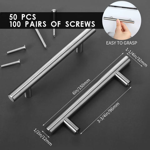 50 Pack 6 Inch Brushed Stainless Steel Cabinet Pulls With Three And Three Quarters Inches Center To Center Spacing Includes 100 Screws