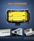 Close-up of Beefed Up 2 Pack 5 Inch Yellow LED Light Bar Kits showcasing highlight chips and reflector cup for off-road use
