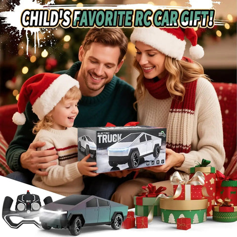 Family with holiday hats holding Rad All Terrain RC Pickup Truck With LED Lights And Load Space, Blazing Fast Electric Remote Control Car Toy box.