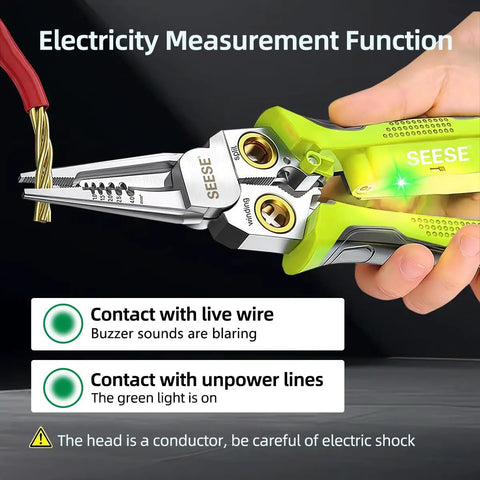 8-In-1 Wire Stripper And Crimping Pliers With Voltage Tester And Dual Alarms, Needle Nose Electrical Pliers For Cutting, Pulling, And Crimping Wires, A Handy Electrician Tool For DIY Pros, green handle testing live wire