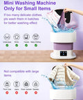 No Sweat Laundry Day With This Nifty 18L Folding Portable Washing Machine Featuring A Built In Spin Basket Quick Wash Cycle Perfect For Underwear Socks And Baby Gear As A Compact Mini Washer For Small Apartments Rv Travel Or Home Use In Purple with small items being washed.