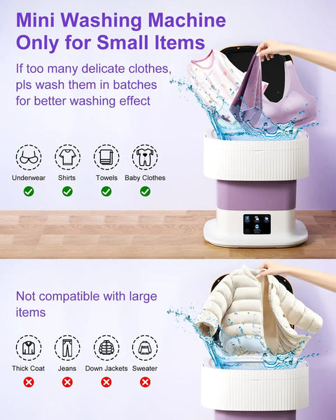 No Sweat Laundry Day With This Nifty 18L Folding Portable Washing Machine Featuring A Built In Spin Basket Quick Wash Cycle Perfect For Underwear Socks And Baby Gear As A Compact Mini Washer For Small Apartments Rv Travel Or Home Use In Purple with small items being washed.