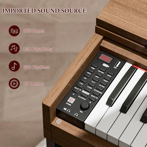 Close-up of control panel on 88 Key Digital Piano Keyboard With Metal Stand Full Size Electric Piano for Beginners, Walnut Finish