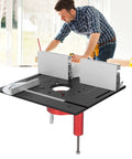 Hardcore Aluminum Router Lift Rig With Stainless Steel Plate For Pro Woodworking Bench Mounts on a workbench with tools.