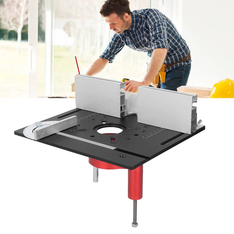 Hardcore Aluminum Router Lift Rig With Stainless Steel Plate For Pro Woodworking Bench Mounts on a workbench with tools.