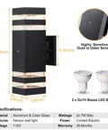 Two Pack No Fuss Dusk To Dawn LED Outdoor Lights With Sensor For Porch And Patio Wall Mount Sconce Lamps 14W Waterproof Exterior Light Fixture For House Garden Hallway Corridor, showing aluminum and glass wall light with LED bulbs and sensor specifications.