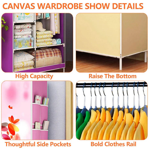 Roomy Portable Canvas Wardrobe Closet With Heavy Duty Hanging Rod And Smart Side Pockets Quick Setup Clothes Storage Rack For Tight Apartments And College Dorms In Blue