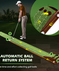Pro Grade Indoor Outdoor Golf Putting Mat With Automatic Ball Return System in use on green turf with golfer practicing