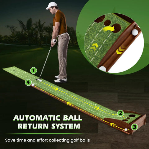 Pro Grade Indoor Outdoor Golf Putting Mat With Automatic Ball Return System in use on green turf with golfer practicing
