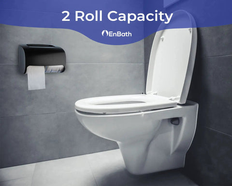 Two Roll Wall Mount Toilet Paper Dispenser With Locking Cover For Home Or Office Use, Black Dual Roll Holder installed next to toilet