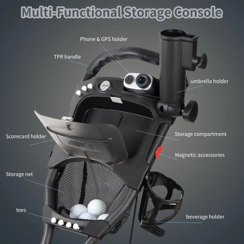 Multi-functional storage console of Heavy Duty Aluminum Golf Push Cart With No Fuss Quick Release Fold Build And Low Drag Eva Wheels For Easy Rolling Down The Fairway Dark Gray Edition.