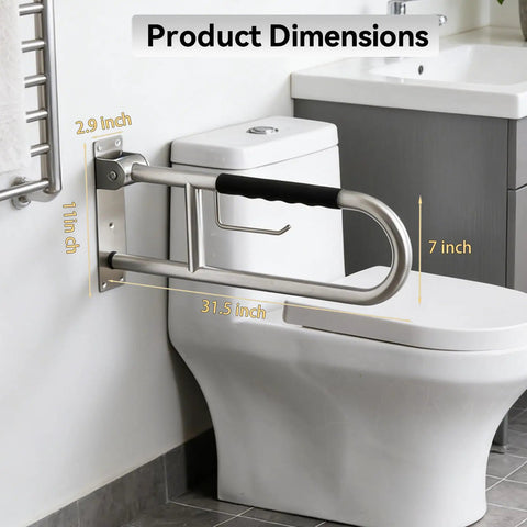 Real Deal 32 Inch Flip Up Toilet Safety Handle In Brushed Nickel Featuring Built In Paper Dispenser and Anti Slip Rubber Knobs Beefy 304 Stainless Steel Construction For Dependable Handicap Assistance And Wheelchair Accessible Restroom Design dimensions showing height, width, and depth measurements.