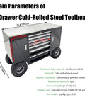 Pro Level Heavy Duty 7 Drawer Cold Rolled Steel Tool Chest on wheels showing dimensions and specifications, ideal for high volume jobs.