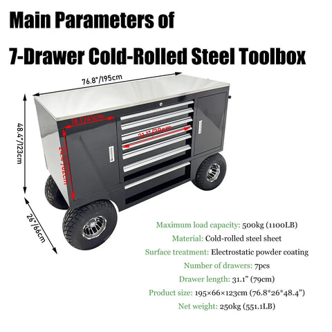 Pro Level Heavy Duty 7 Drawer Cold Rolled Steel Tool Chest on wheels showing dimensions and specifications, ideal for high volume jobs.