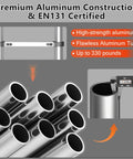 Telescoping A Frame Ladder 16.5 Feet Aluminum With Stabilizer Bar For Ultra Stable Reach Anti Slip Steps And Textured Rungs For Safety Wobble Free With Smart Locking Pins Silver Finish close-up of aluminum tubes and stabilizer bar