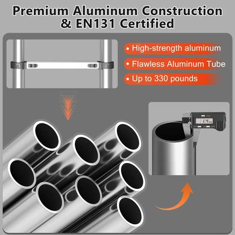 Telescoping A Frame Ladder 16.5 Feet Aluminum With Stabilizer Bar For Ultra Stable Reach Anti Slip Steps And Textured Rungs For Safety Wobble Free With Smart Locking Pins Silver Finish close-up of aluminum tubes and stabilizer bar