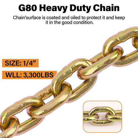 Beefy Heavy Duty G80 Chain Binders Kit With Quarter To Five Sixteenth Inch Chain 10 Ft 2,200 Lbs Working Load 7,800 Lbs Break Strength Tie Down And Towing Ready Rugged Chains And Hooks For Trucks Trailers And Equipment close-up showing chain size and load capacity