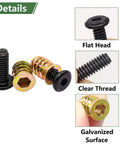 Details of 60Pcs Wood Threaded Inserts Kit With 1/4-20 x 3/4 Inch Screws, flat head, clear thread, and galvanized surface.