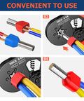 Pro Grade Ferrule Crimping Tool Kit With 1500 Ferrules close-up showing tool and wire connectors in use