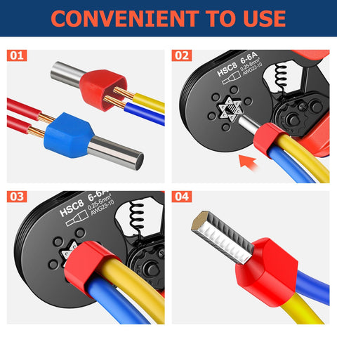 Pro Grade Ferrule Crimping Tool Kit With 1500 Ferrules close-up showing tool and wire connectors in use