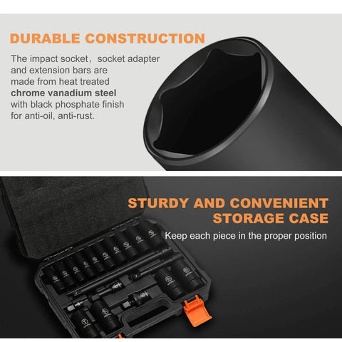 Chrome vanadium steel socket and case from One Half Inch Drive Deep Impact Socket Set 10mm Through 24mm No Skipped Sizes With Extension Bars Universal Joint And Adapter Heavy Duty 6 Point Design Meets ANSI Standards For Tough Jobs In Tight Spaces