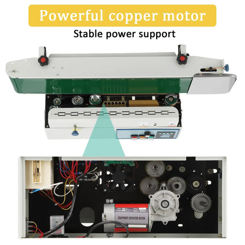 Pro Level Automatic Commercial Bag Sealer Machine With Built In Inkjet Printer High Speed Heat Seal System 110V showing powerful copper motor and interior components.