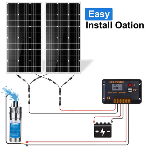 Diagram of 12V DC Solar Well Pump Kit with 200W Panel, submersible pump, and controller for off grid wells garden irrigation setup.