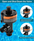 Front view of Uharbour air relief valve for pool filters, black plastic with orange warning label and side outlet.