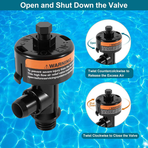 Front view of Uharbour air relief valve for pool filters, black plastic with orange warning label and side outlet.