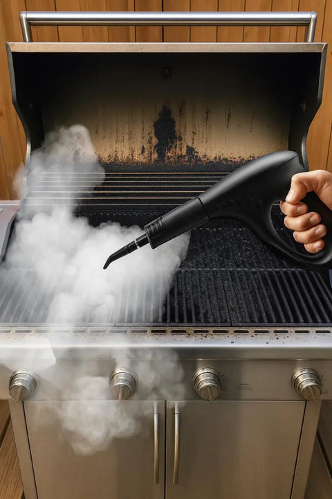 Heavy Duty Steam Cleaner Kit Packing One Thousand Fifty Watts Of Scalding Vapor For Forty Five Minutes Of No Sweat Scrubbing on grill.