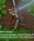 Four Piece 1/2 Inch Heavy Duty Brass Impact Sprinkler Set With Fully Adjustable 360 Degree Rotation mounted on a garden hose.