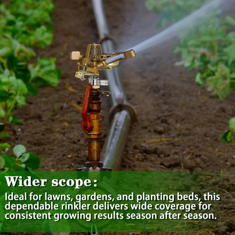 Four Piece 1/2 Inch Heavy Duty Brass Impact Sprinkler Set With Fully Adjustable 360 Degree Rotation mounted on a garden hose.