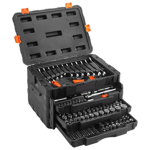 Open toolbox showing All In One Mechanic Tool Set With 1/4, 3/8, 1/2 Inch Drive Sockets, 450-Piece SAE And Metric Kit