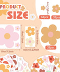 Product size details of 128 Pcs Colorful Flower Wall Sticker Set With Groovy Retro Hippie Vibe Boho Daisy Decals in three sizes.