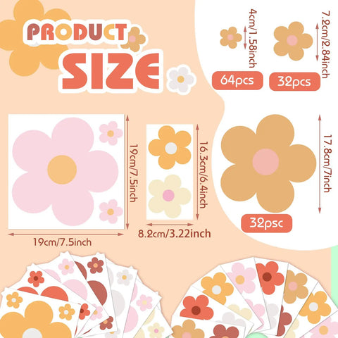 Product size details of 128 Pcs Colorful Flower Wall Sticker Set With Groovy Retro Hippie Vibe Boho Daisy Decals in three sizes.