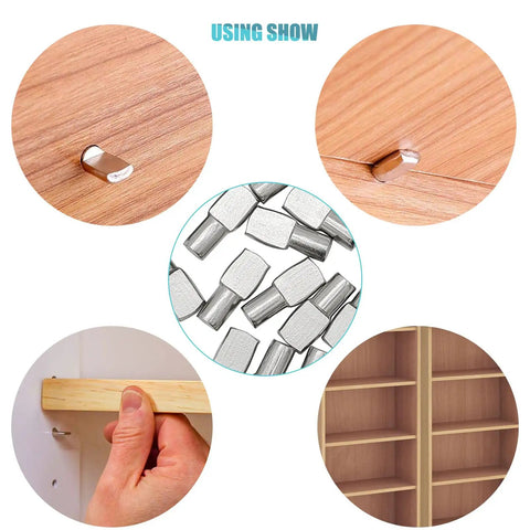 22 Pack Heavy Duty Nickel Plated Shelf Support Pegs For Home Storage, 1/4 Inch Spoon Style Cabinet Pin Holders Made From Tough Zinc Alloy In Sleek Silver Finish With No Fuss Install For Closets And Kitchens, showing installation in a cabinet.