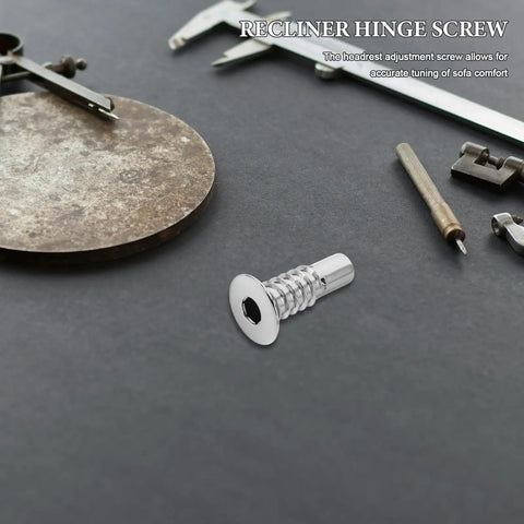 Built Tough Sofa Headrest Adjustment Hinge Screws 4 Pack Folding Lift Mechanism Hardware For Recliner Couch Bed Chair Furniture Repair And No Sweat Installation with a chrome hinge screw on a black background.