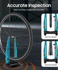 Adjustable Width Wheel Truing Stand for Bikes with 360 Degree Swivel and Dual Adjustment, showing wheel alignment.