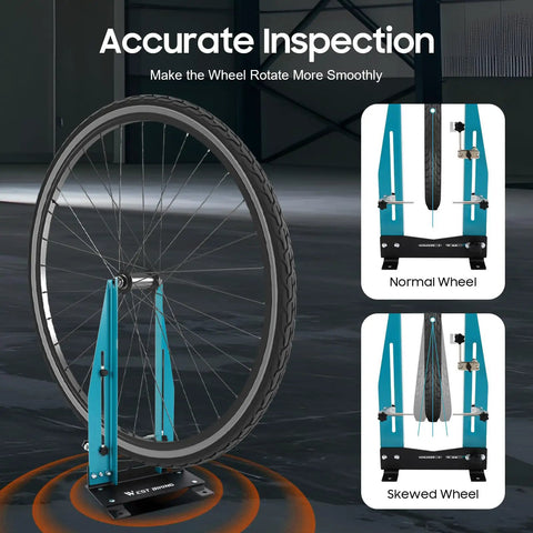 Adjustable Width Wheel Truing Stand for Bikes with 360 Degree Swivel and Dual Adjustment, showing wheel alignment.