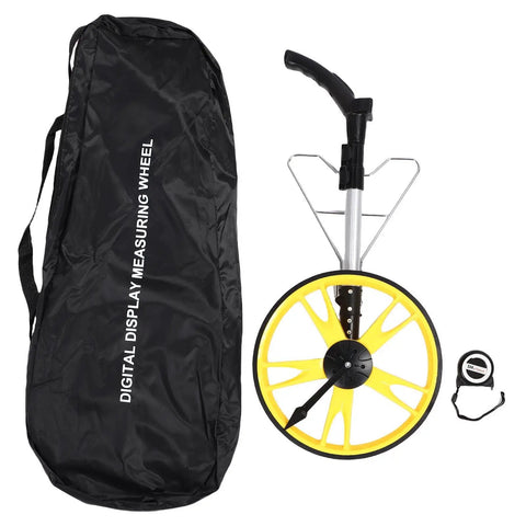 Eujgoov Digital Measuring Wheel 12.5 Inch with 3 Section Telescopic Design in carry bag, featuring yellow wheel and compact size.