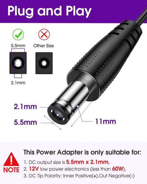 Close-up of a 5.5x2.1mm DC jack for 12V 5A Power Supply Adapter For LED Strip Lights And Low Voltage Devices UL Listed 60W Class 2